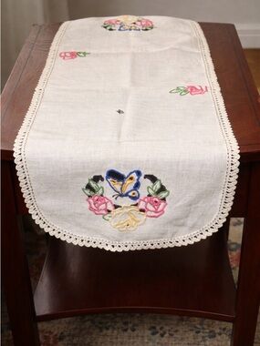 Vintage Embroidered Butterfly & Rose Table Runner -